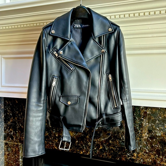 Zara vegan leather black belted biker jacket sz. XS - Picture 4 of 16